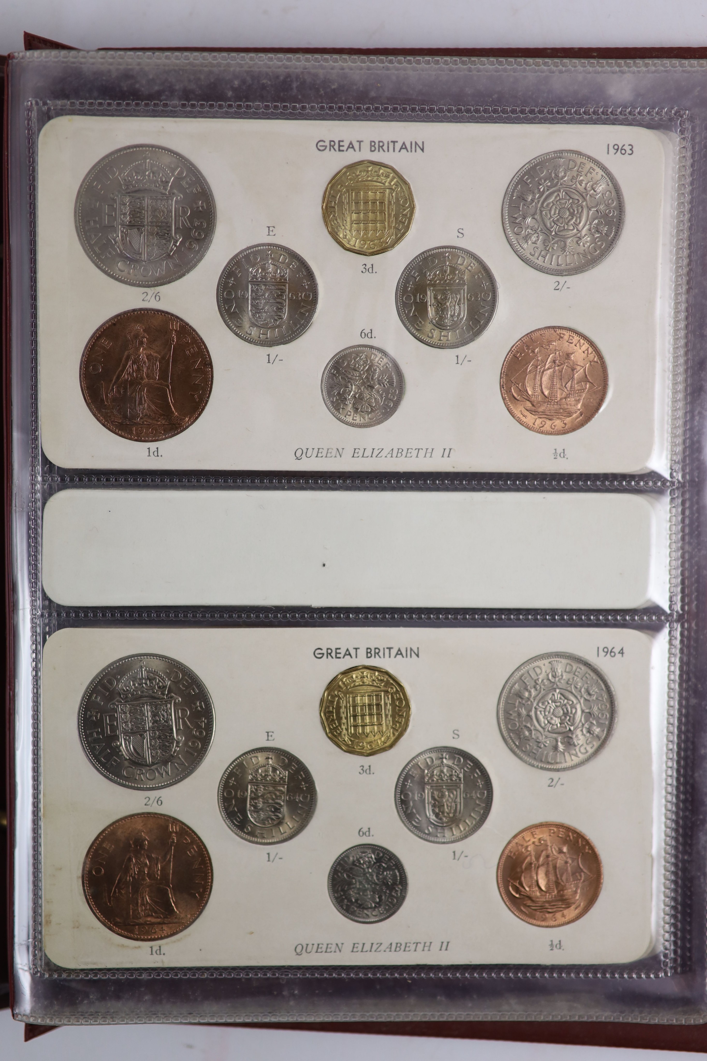 Queen Elizabeth II pre-decimal specimen coin sets for 1953 - 1967, first and second issues, all EF/UNC (15 sets), including 1954, 1957-1959 halfcrowns, florins and shillings, scarce in high grade